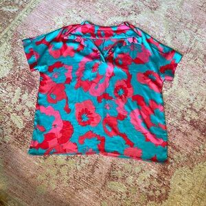 “Lemafer” <brand, women’s oversized low cut blouse, blue and pink, floral, silky